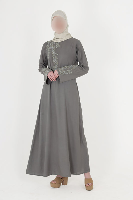 Silk Route - Feminine Bliss Pebble Grey Embroidered Abaya 0272A