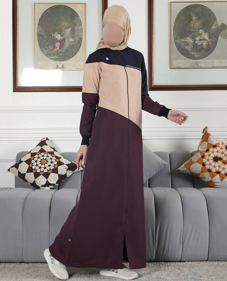 Silk Route - Burgundy Contrast Full Front Open Hooded Jilbab 0775