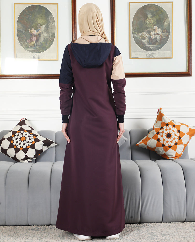 Silk Route - Burgundy Contrast Full Front Open Hooded Jilbab 0775