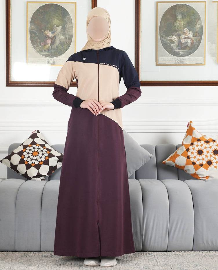Silk Route - Burgundy Contrast Full Front Open Hooded Jilbab 0775
