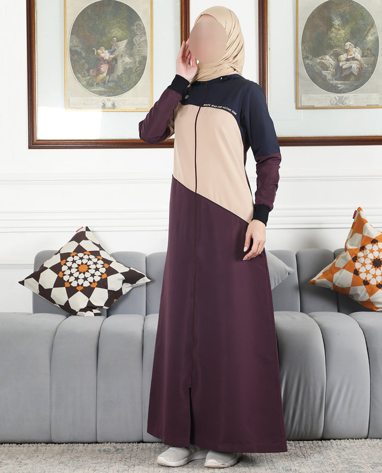 Silk Route - Burgundy Contrast Full Front Open Hooded Jilbab 0775