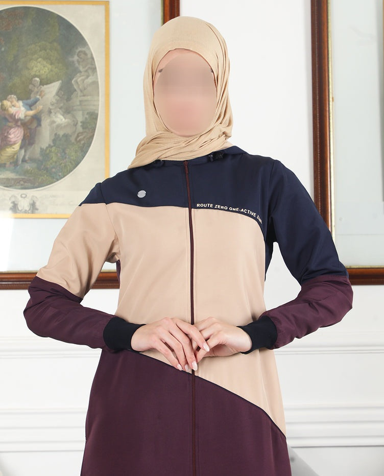 Silk Route - Burgundy Contrast Full Front Open Hooded Jilbab 0775