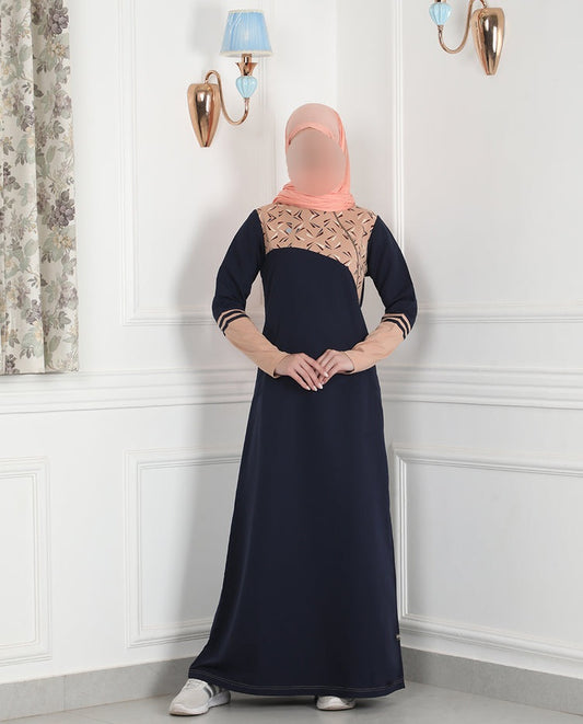 Silk Route - Navy & Tan Linear Print Jilbab 0763