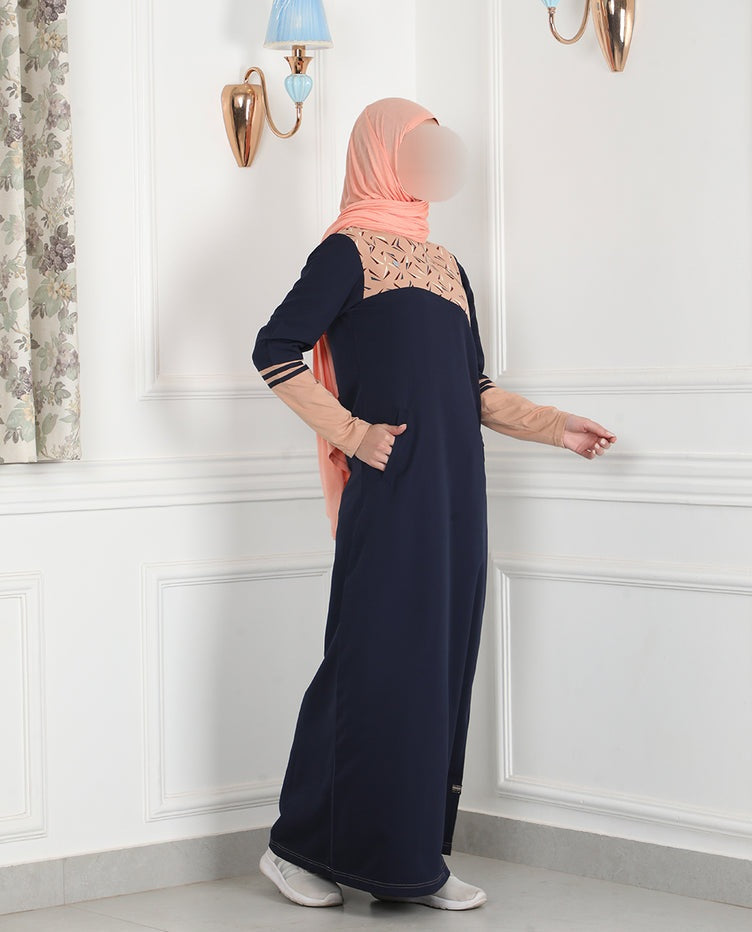 Silk Route - Navy & Tan Linear Print Jilbab 0763