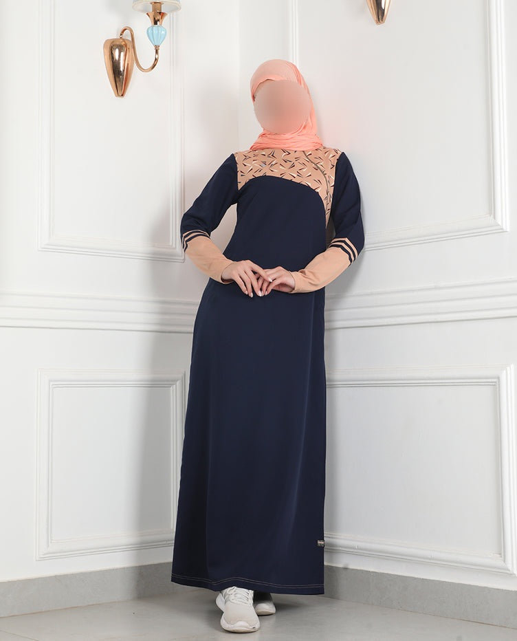 Silk Route - Navy & Tan Linear Print Jilbab 0763