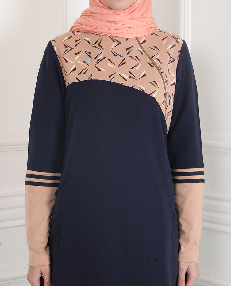 Silk Route - Navy & Tan Linear Print Jilbab 0763