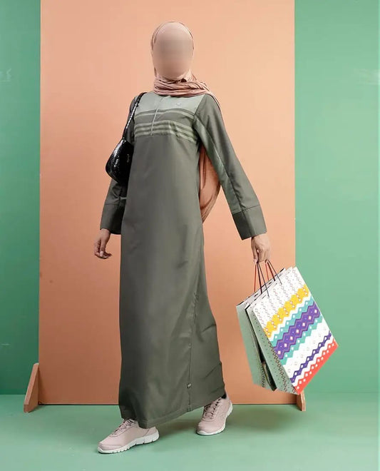 Silk Route - Military Green Band Collar Abaya