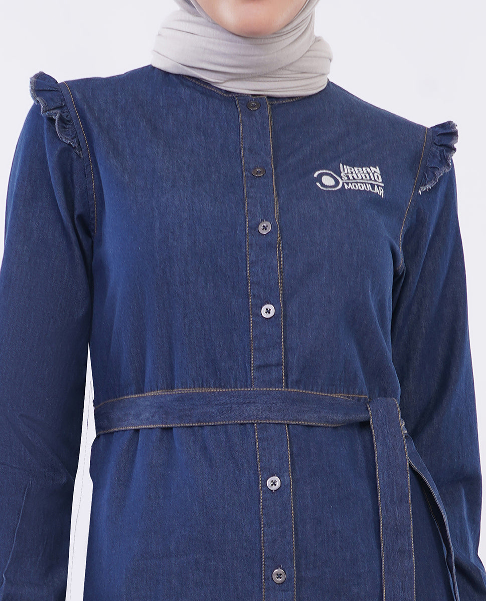 Silk Route - Ice Blue RuffleFlow Fine Denim Maxi Jilbab 0428