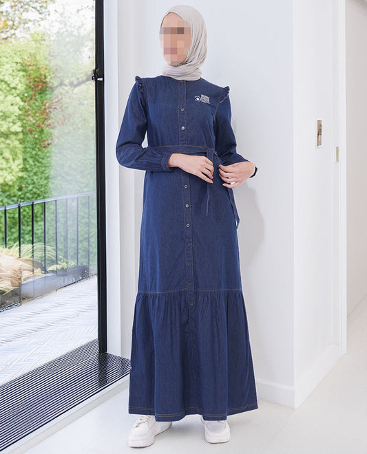 Silk Route - Ice Blue RuffleFlow Fine Denim Maxi Jilbab 0428