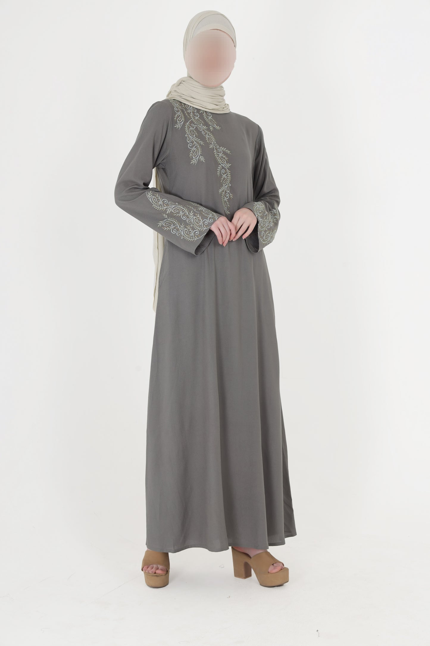 Silk Route - Feminine Bliss Pebble Grey Embroidered Abaya 0272A