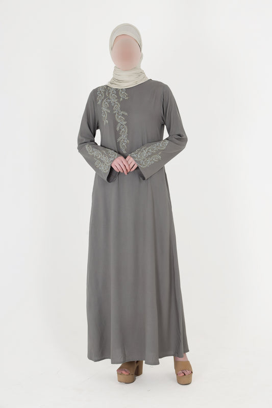 Silk Route - Feminine Bliss Pebble Grey Embroidered Abaya 0272A